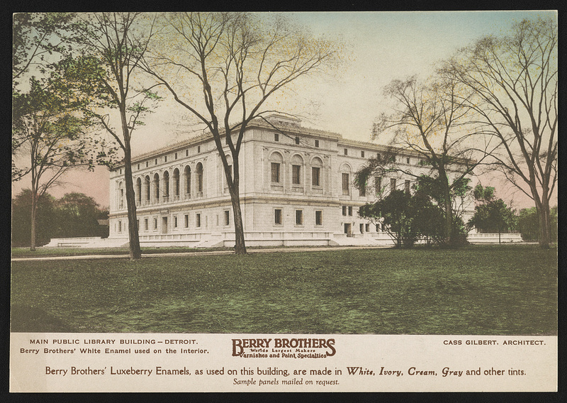 Photograph shows view of Carnegie library in Detroit, Michigan.